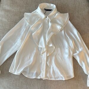 Zara White Ruffle Front Blouse